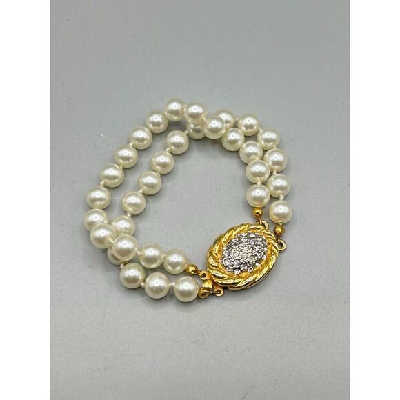 Vintage Faux Pearls Bracelet Fancy Clasp Double Strand Hand Knotted Glass Pearls - Picture 2 of 7